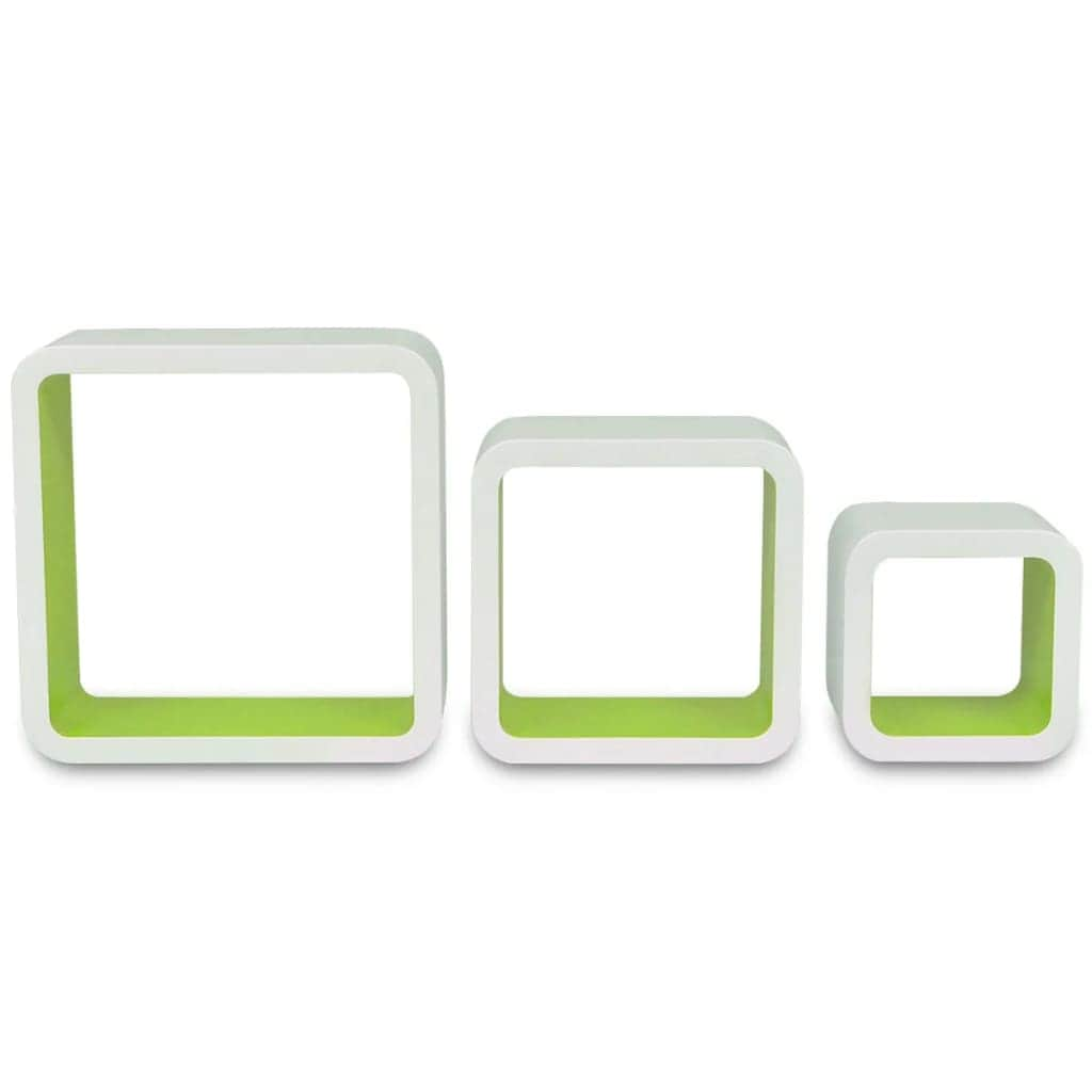 3 White-green MDF Floating Wall Display Shelf Cubes Book/DVD Storage