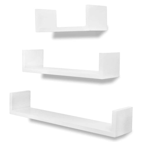 3 White MDF U-shaped Floating Wall Display Shelves Book/DVD Storage