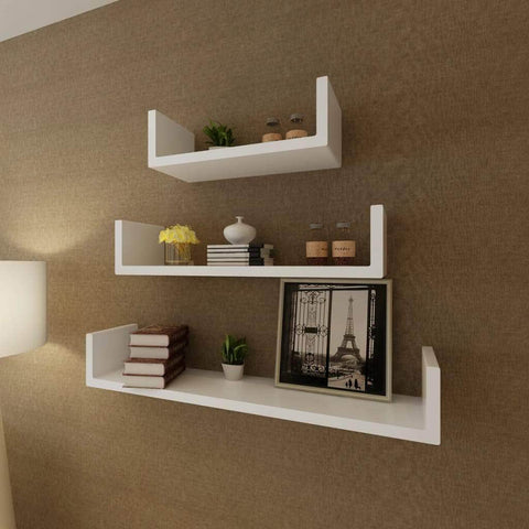 3 White MDF U-shaped Floating Wall Display Shelves Book/DVD Storage