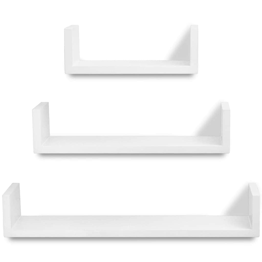 3 White MDF U-shaped Floating Wall Display Shelves Book/DVD Storage