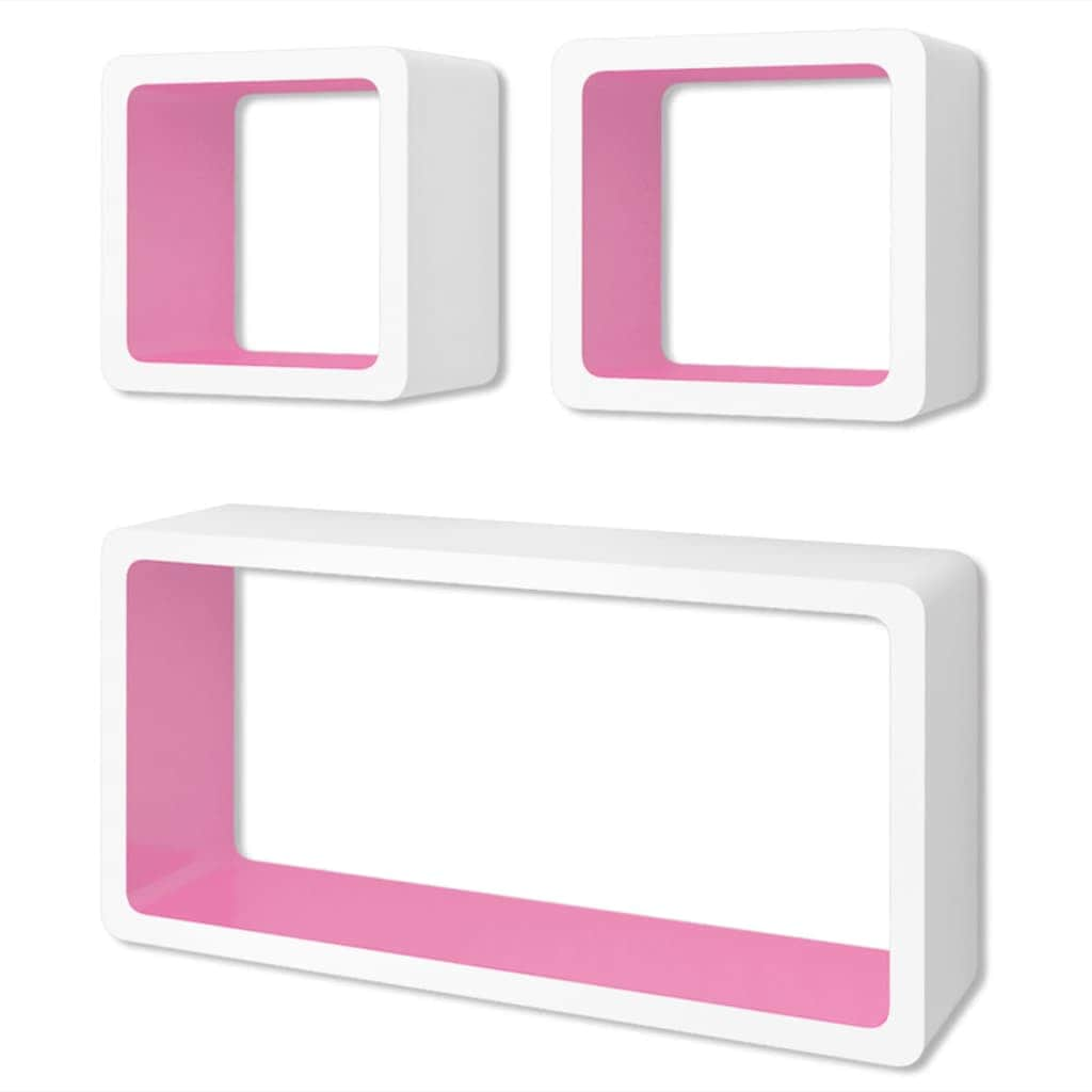 3 White-pink MDF Floating Wall Display Shelf Cubes Book/DVD Storage