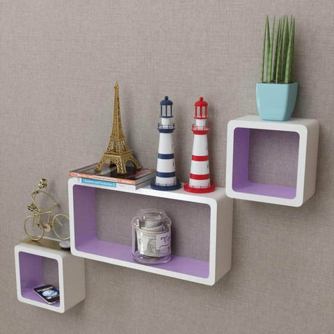 3 White-purple MDF Floating Wall Display Shelf Cubes Book/DVD Storage