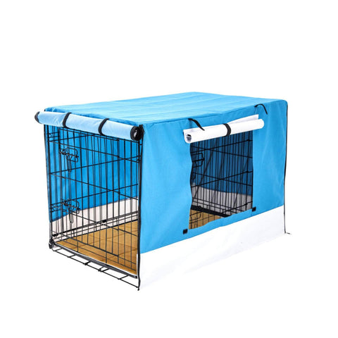 30in Wire Dog Crate w/ Tray, Cushion & Blue Cover