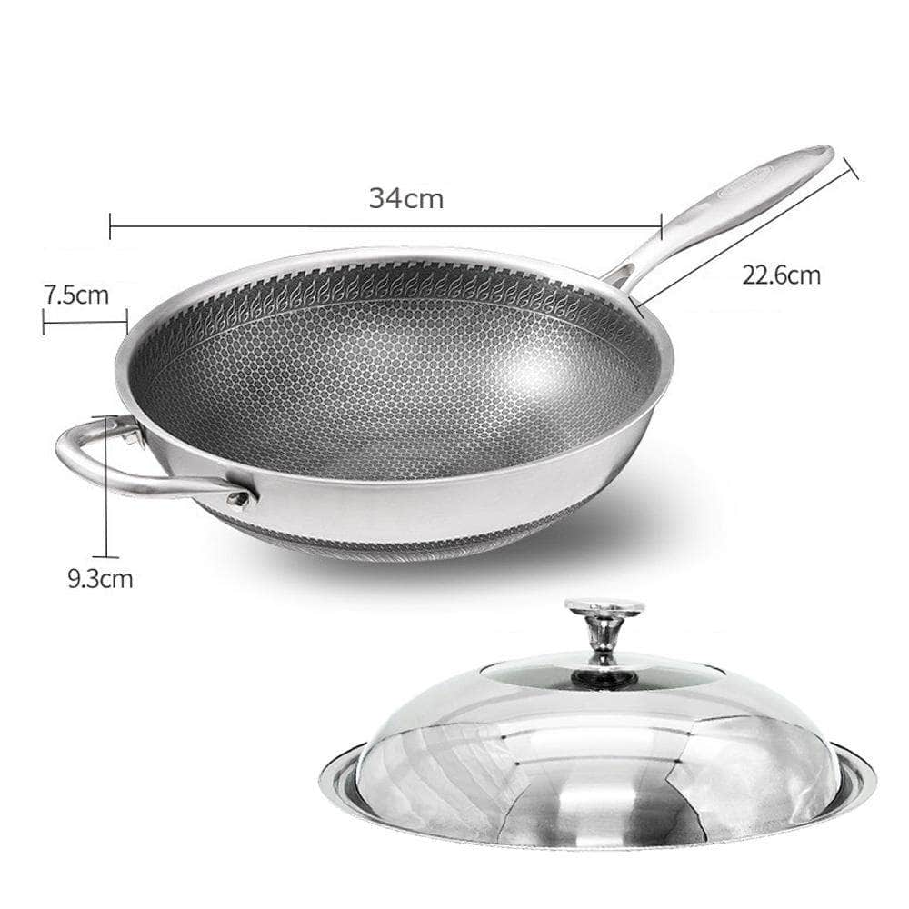 34Cm Stainless Steel Non-Stick Stir Fry Cooking Kitchen Honeycomb Wok Pan With Lid