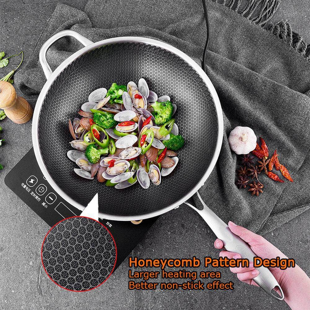 34Cm Stainless Steel Non-Stick Stir Fry Cooking Kitchen Honeycomb Wok Pan With Lid