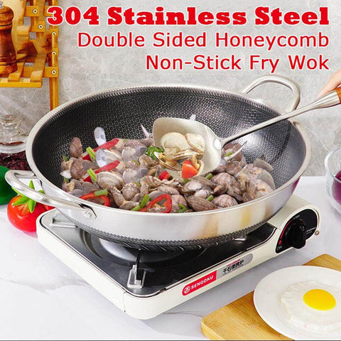 36Cm Stainless Steel Non-Stick Stir Fry Cooking Kitchen Wok Pan With Lid Double Sided