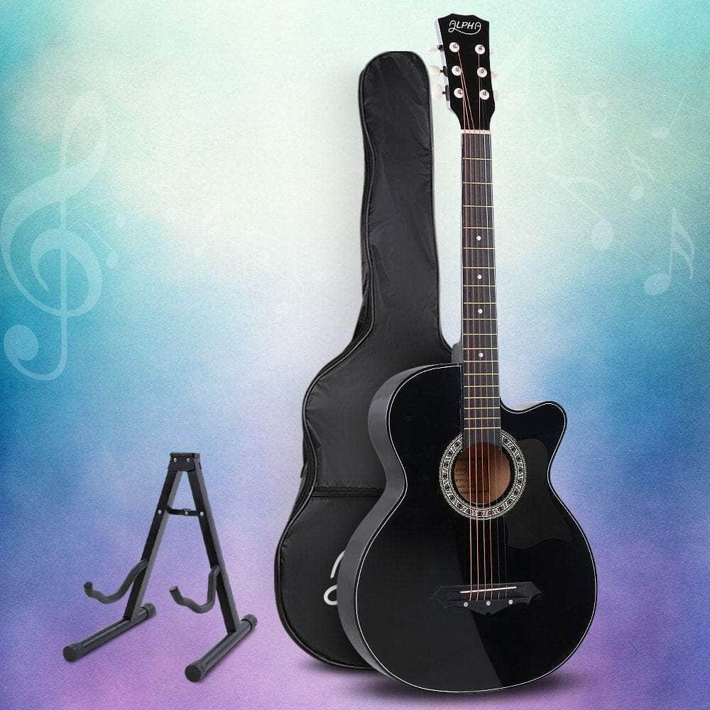 38 Inch Acoustic Guitar Wooden Body Steel String Full Size W/ Stand Black