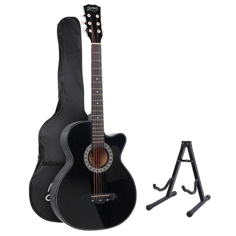 38 Inch Acoustic Guitar Wooden Body Steel String Full Size W/ Stand Black