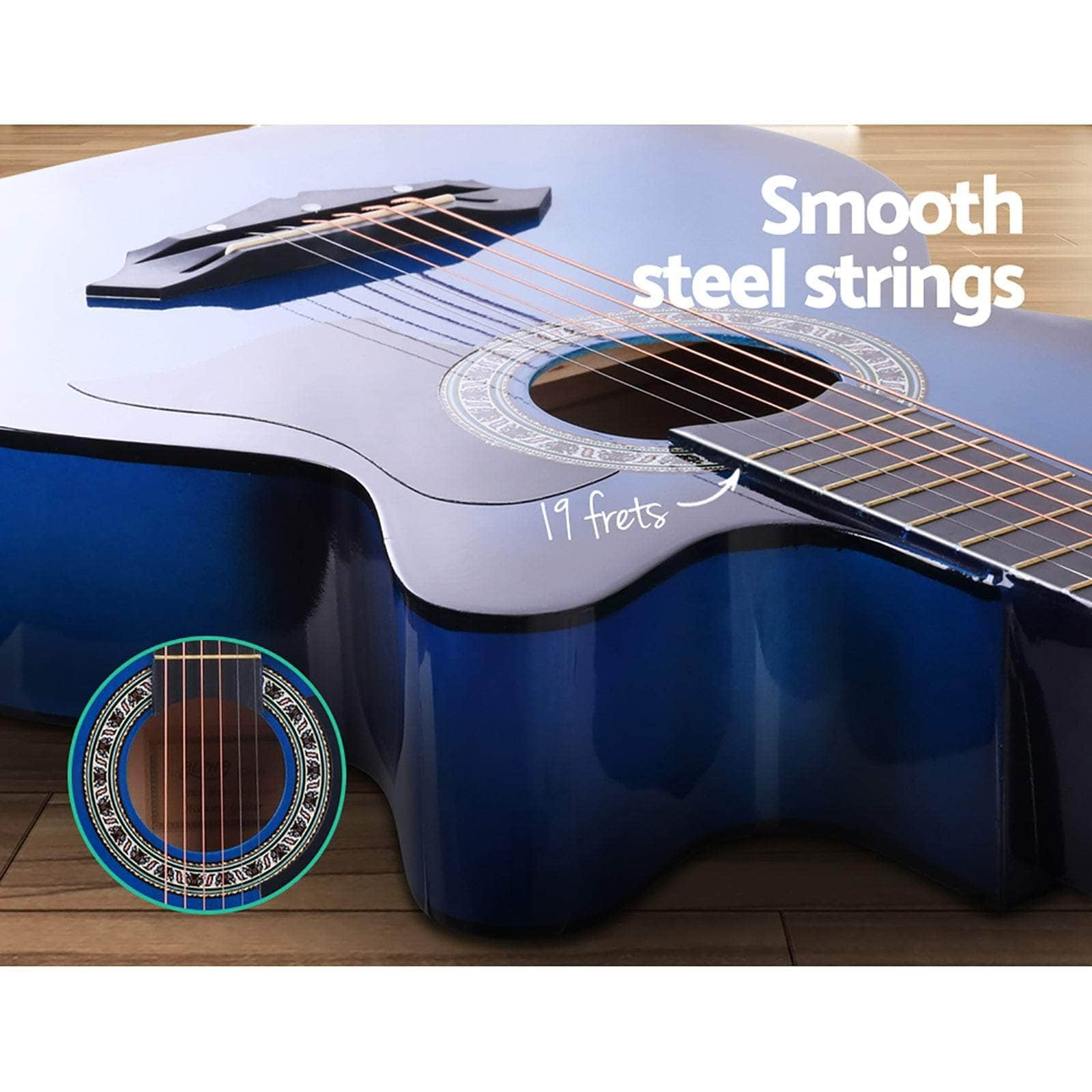 38 Inch Acoustic Guitar Wooden Body Steel String Full Size W/ Stand Blue