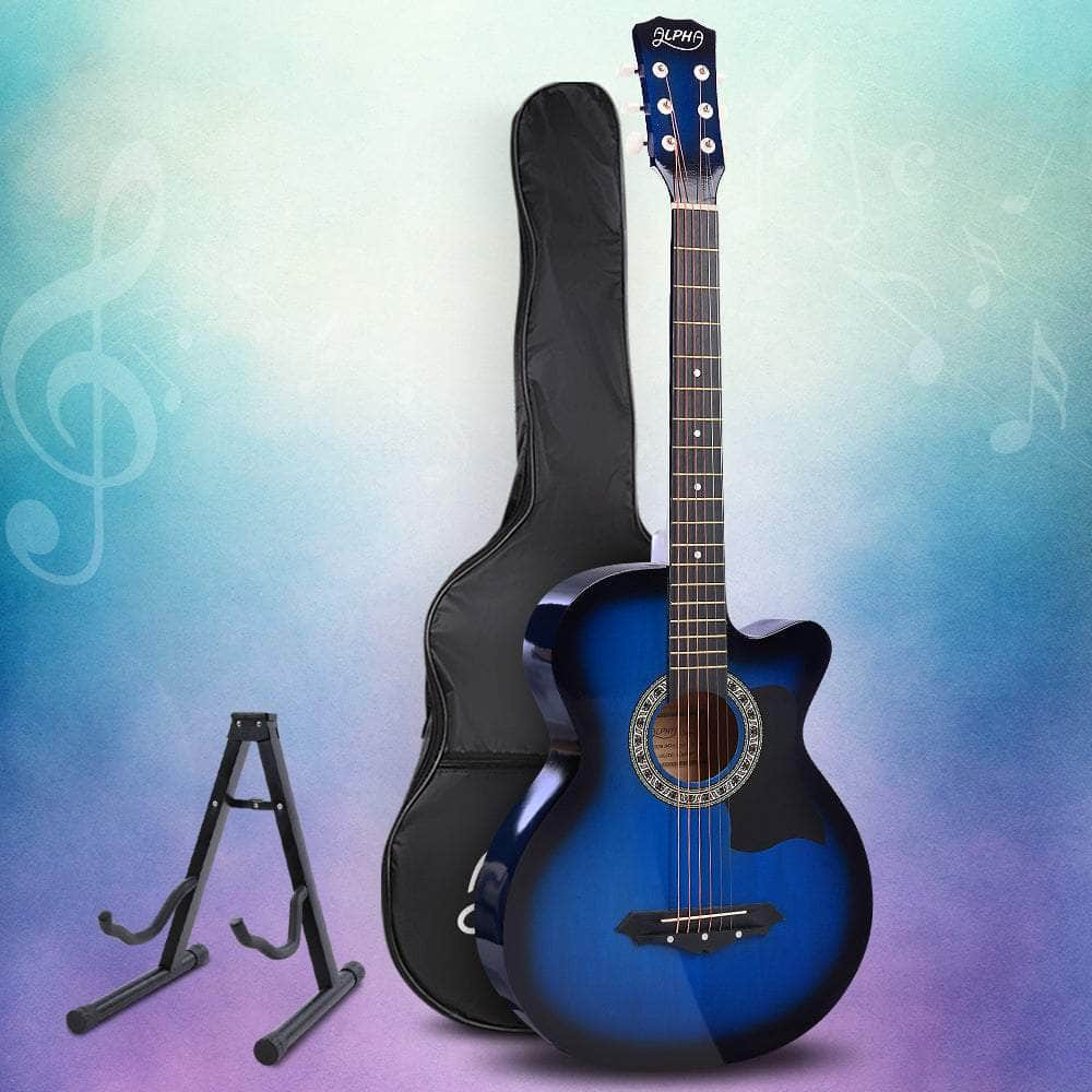 38 Inch Acoustic Guitar Wooden Body Steel String Full Size W/ Stand Blue