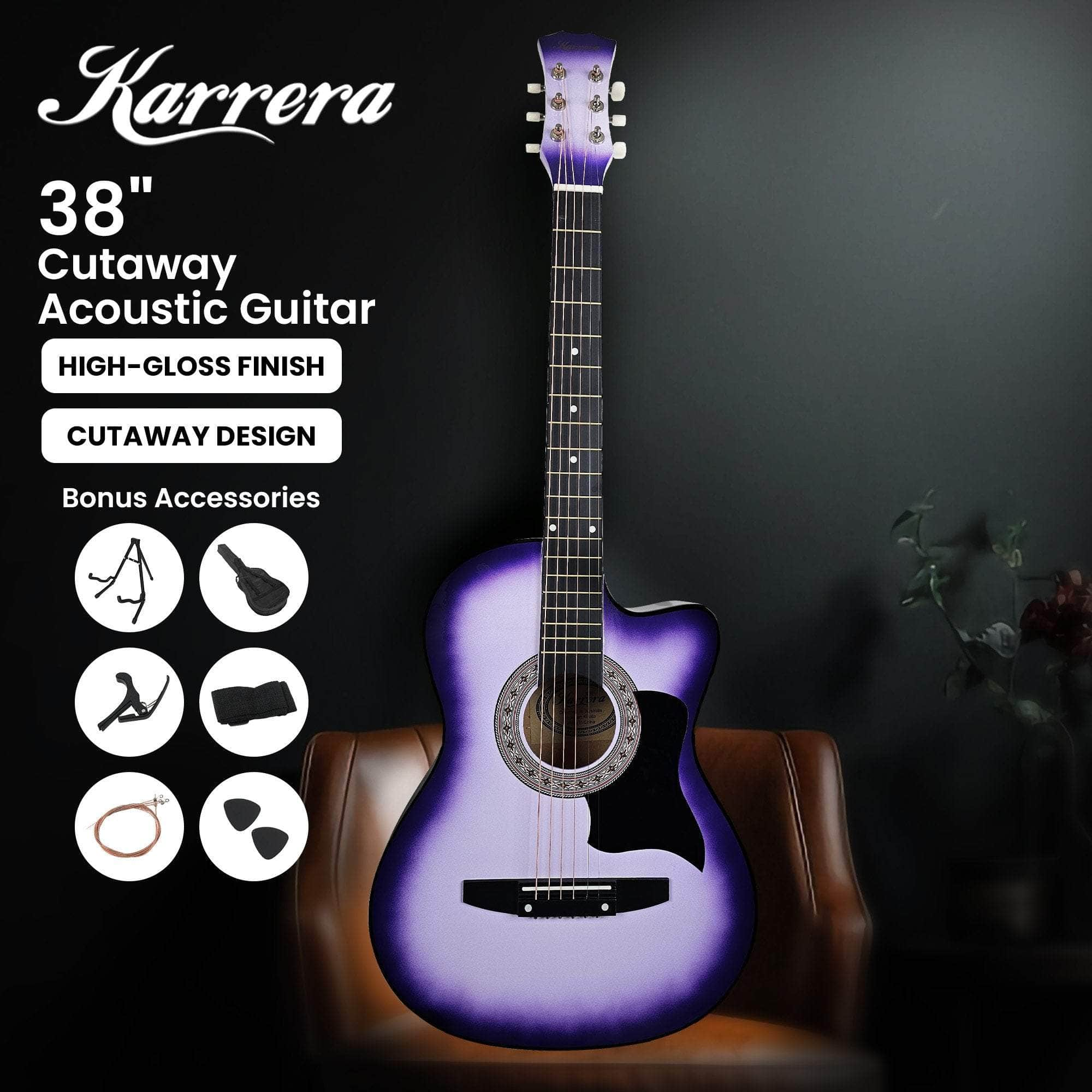 38in Pro Cutaway Acoustic Guitar with Carry Bag - Purple Burst