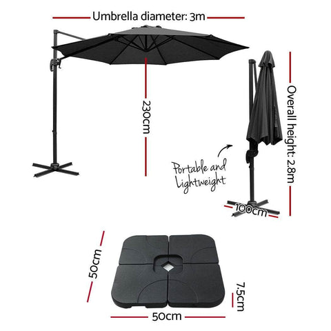 3M Outdoor Umbrella W/Base Cantilever Beach Roma 360 Degree Tilt Black