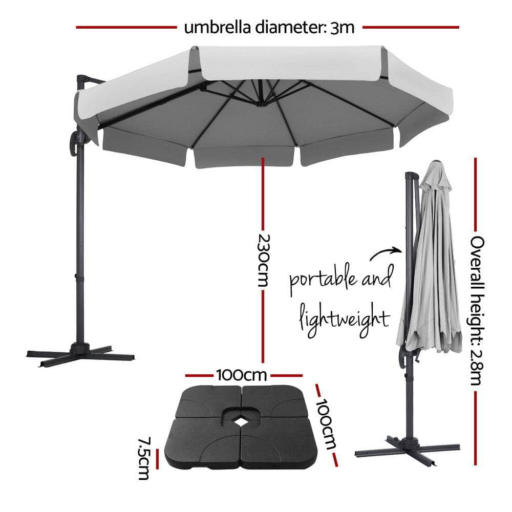 3M Outdoor Umbrella W/Base Cantilever Beach Roma 360 Degree Tilt Grey