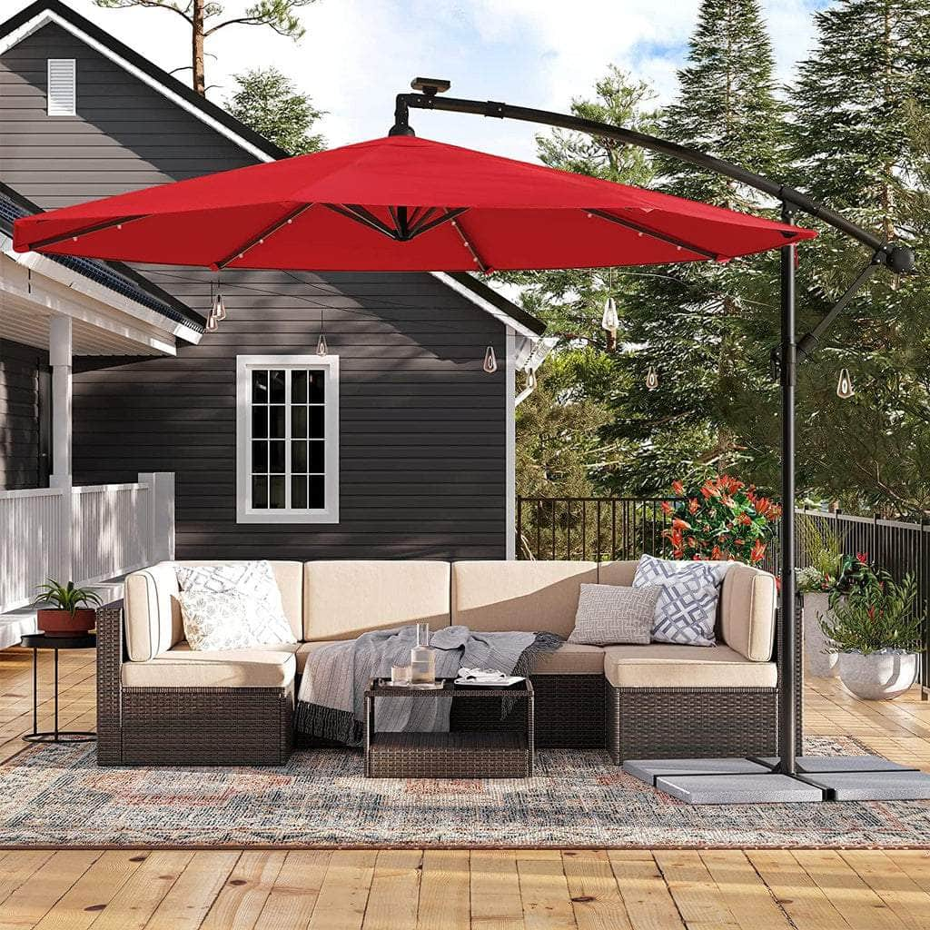 3m Patio Umbrella with Solar-Powered LED Lights Red/ Beige