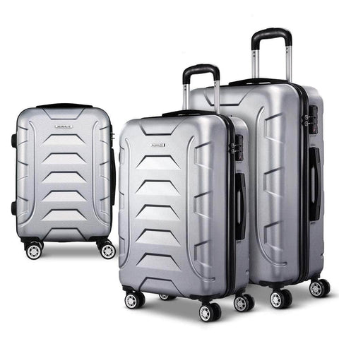 3pc Luggage Trolley Travel Suitcase Set TSA Hard Case Shell Strap Silver