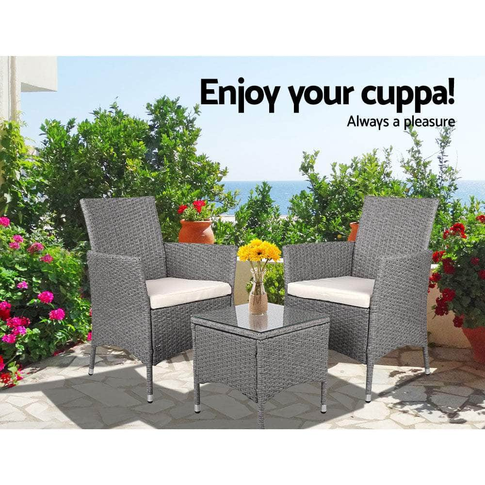 3Pc Outdoor Bistro Set Patio Furniture Wicker Setting Chairs Table Cushion Grey