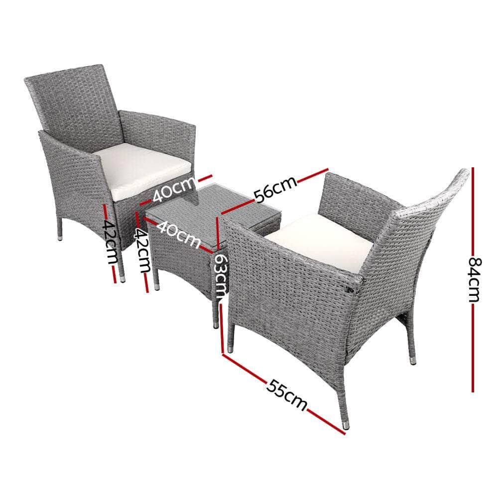 3Pc Outdoor Bistro Set Patio Furniture Wicker Setting Chairs Table Cushion Grey