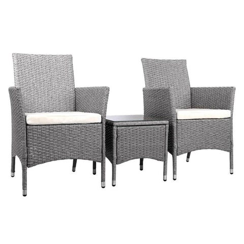 3Pc Outdoor Bistro Set Patio Furniture Wicker Setting Chairs Table Cushion Grey