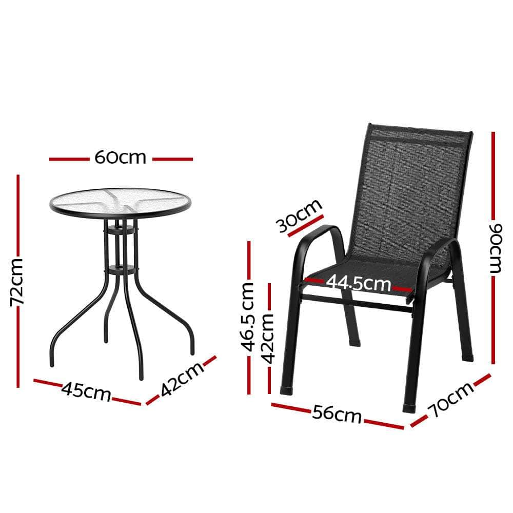 3PC Outdoor Bistro Set Table and Chairs Stackable Patio Furniture Black