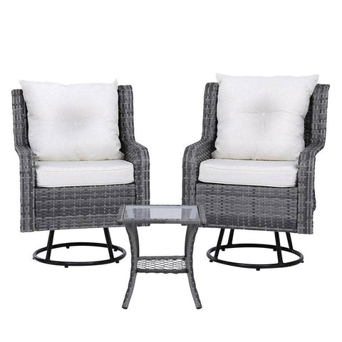 3PC Outdoor Furniture Bistro Set Lounge Wicker Swivel Chairs Table Cushion Grey