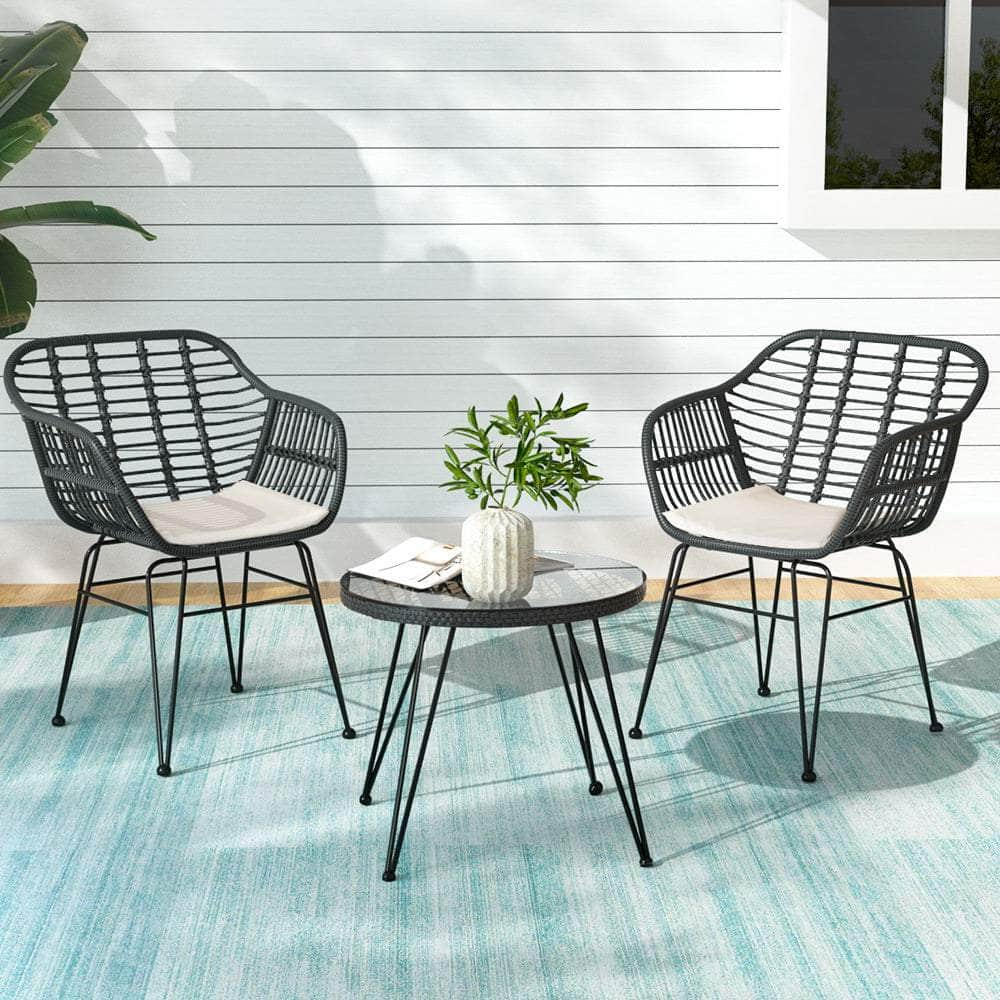 3PC Outdoor Furniture Set Lounge Setting Table Chairs Cushion Patio Grey