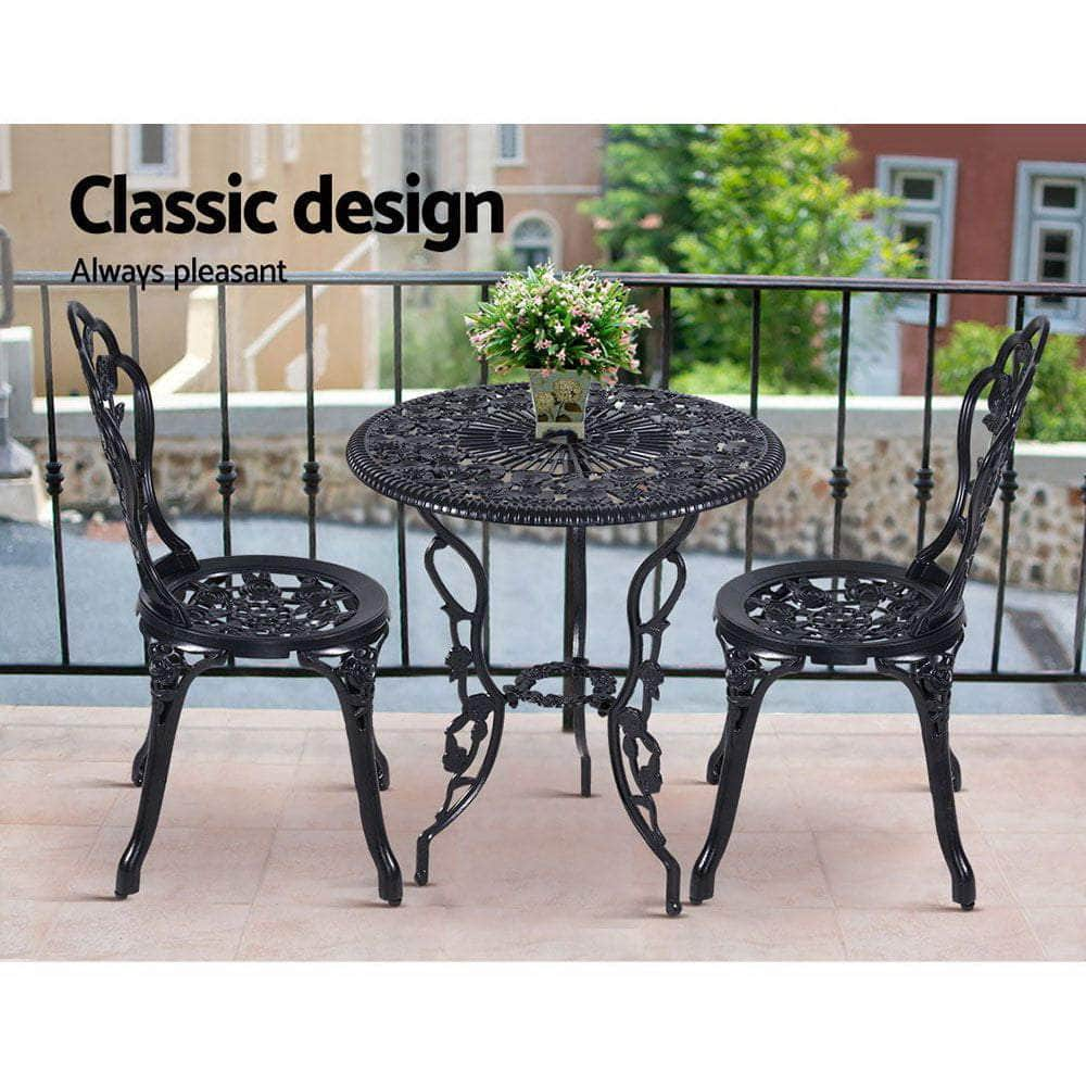 3PC Outdoor Setting Cast Aluminium Bistro Table Chair Patio Black