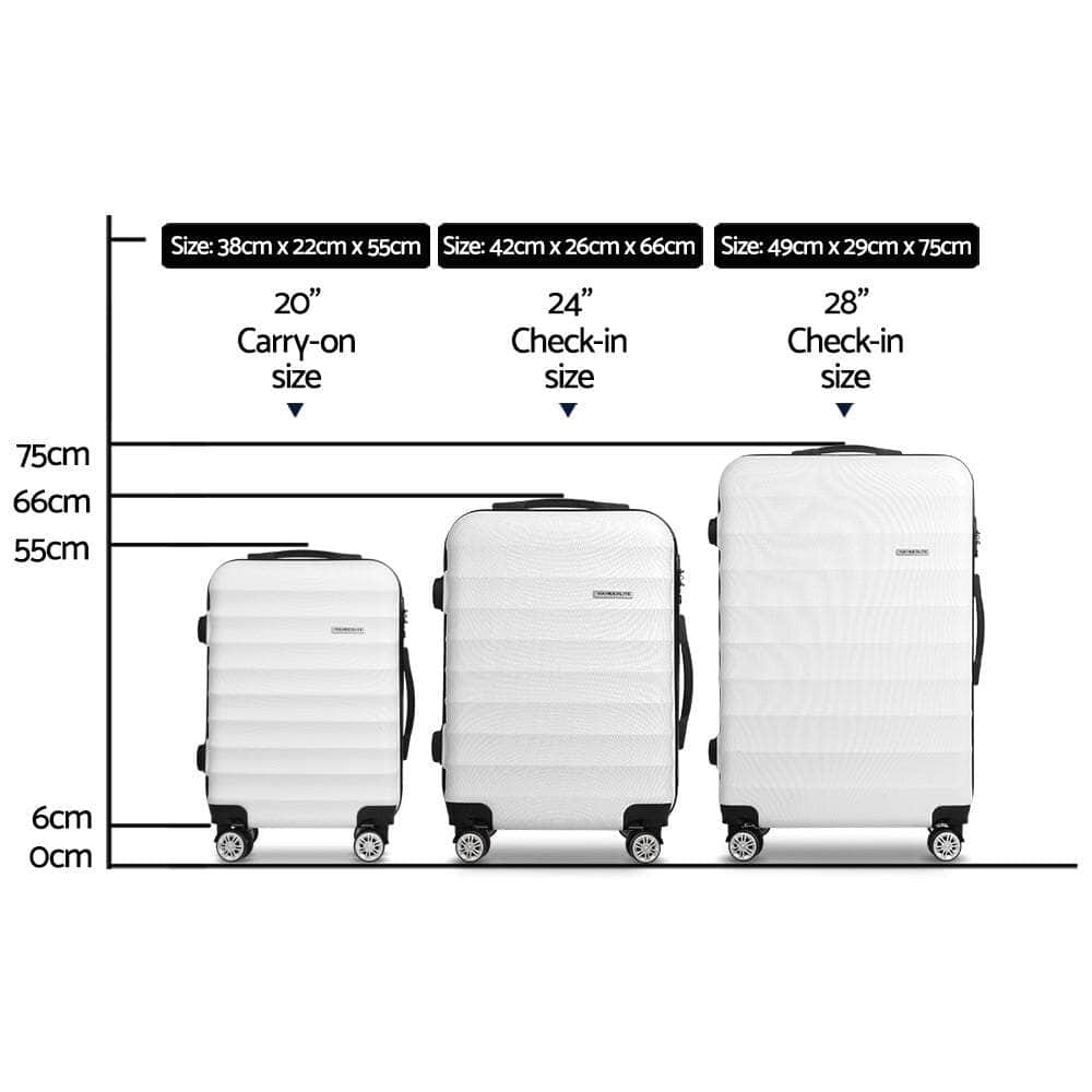 3pc White TSA Travel Luggage Set – Hard Shell, Strap