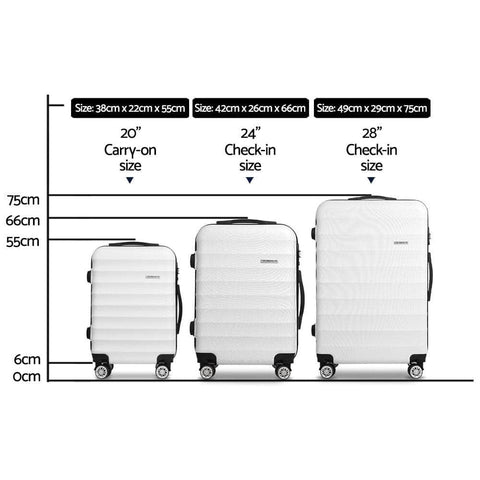 3pc White TSA Travel Luggage Set – Hard Shell, Strap