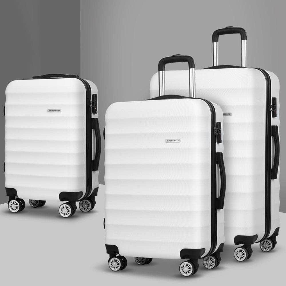 3pc White TSA Travel Luggage Set – Hard Shell, Strap