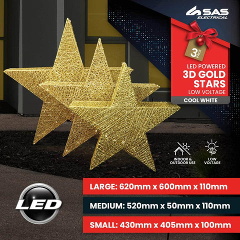 3PCE 3D Gold Stars Display Various Sizes Cool White Lighting