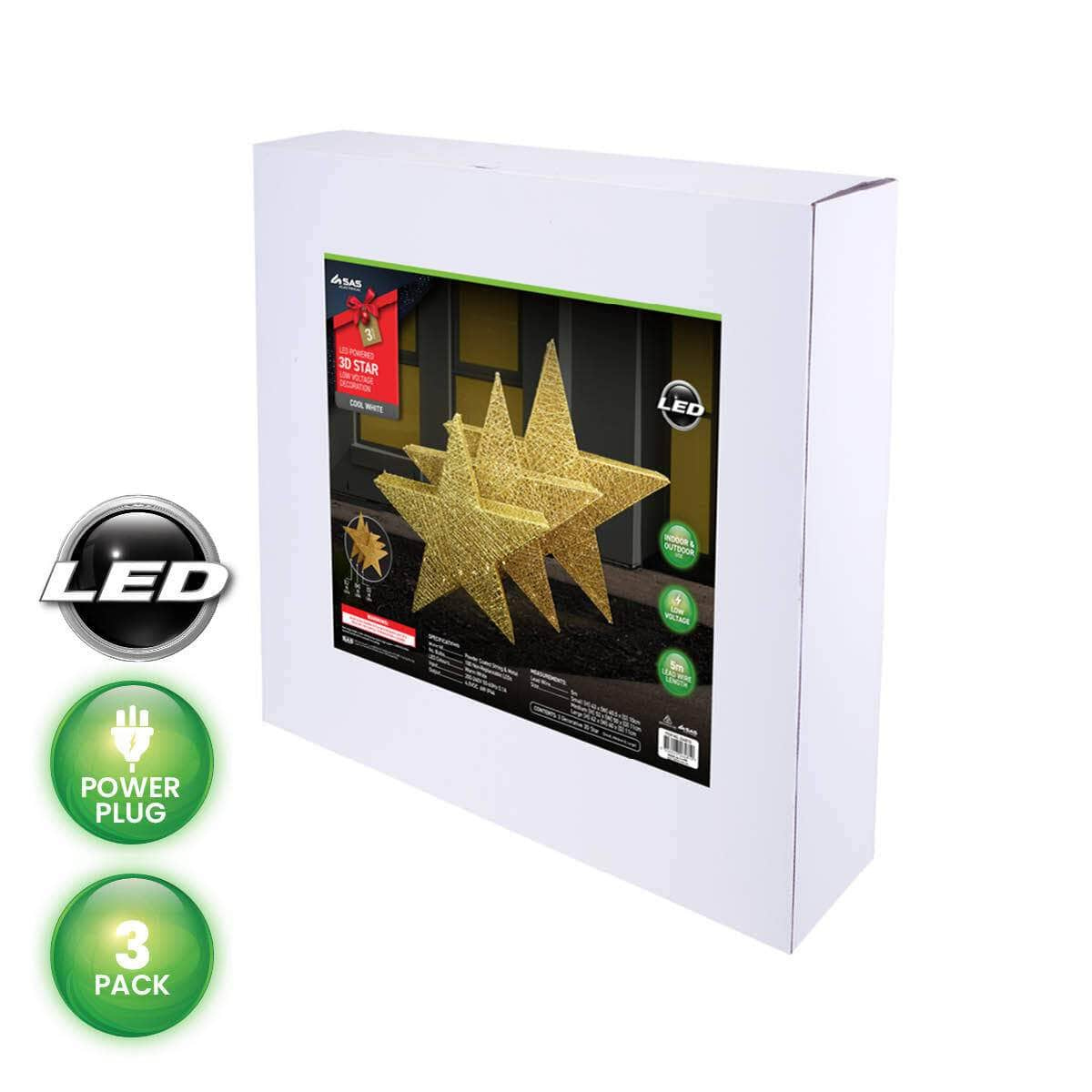 3PCE 3D Gold Stars Display Various Sizes Cool White Lighting