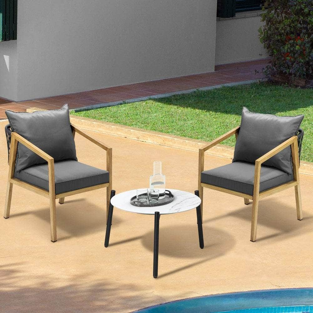 3PCS Outdoor Patio Set White 50cm Coffee Table Grey/Natural Chairs