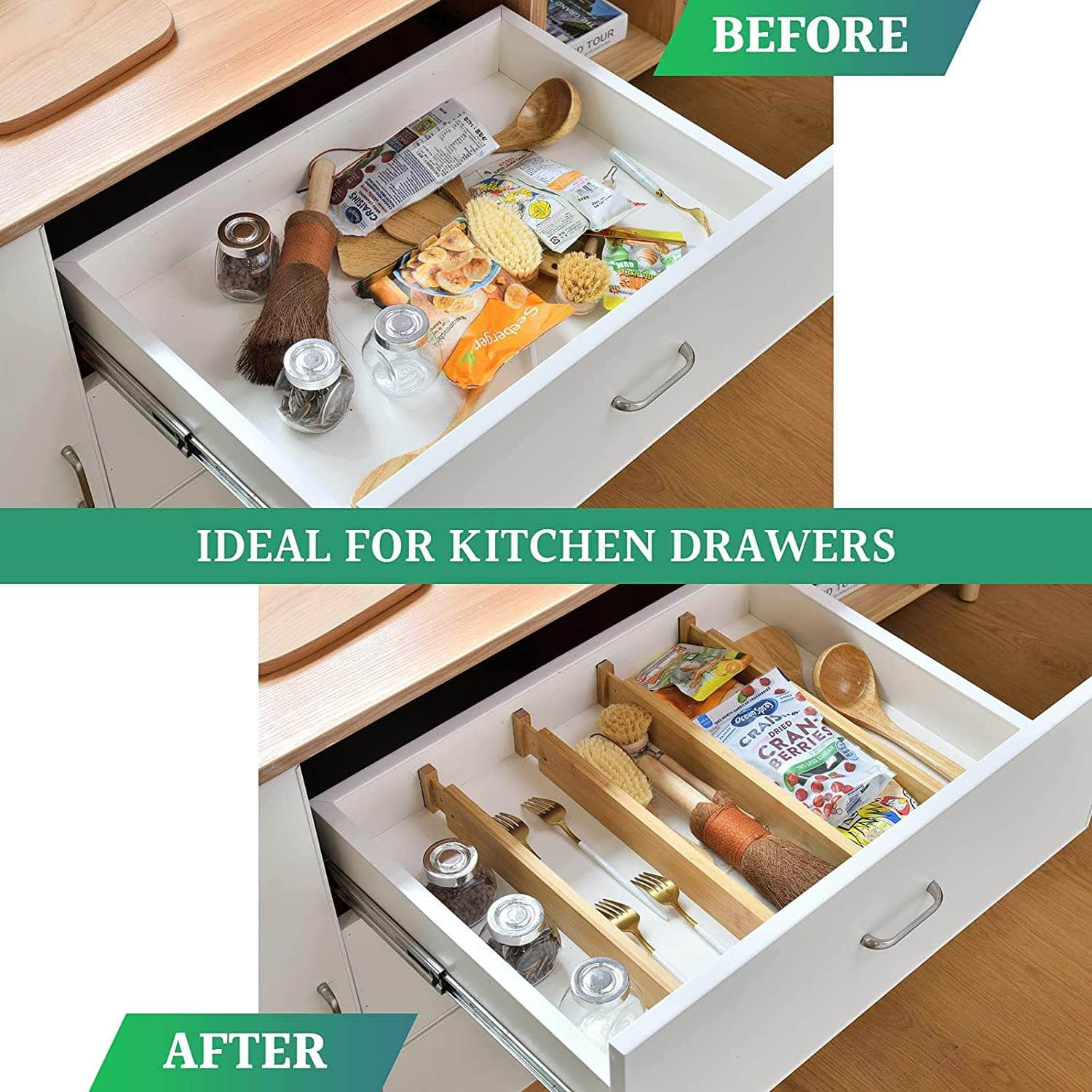 4 Bamboo Adjustable Kitchen Drawer Dividers (Large, 44-55 Cm)