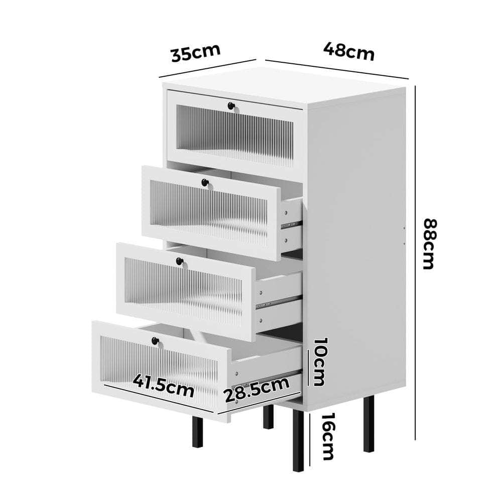 4 Chest of Drawers Tempered Glass Doors White