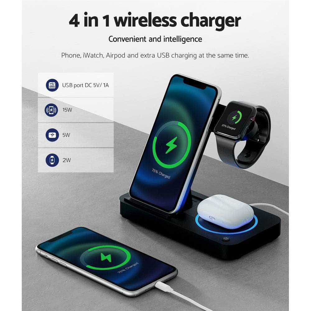 4-In-1 Wireless Charger Station Fast Charging For Phone Black