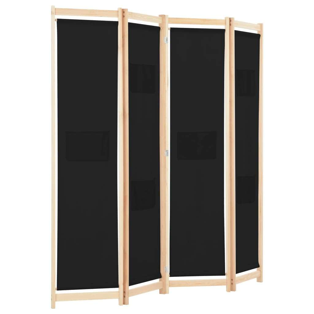 4-Panel Room Divider Black Fabric