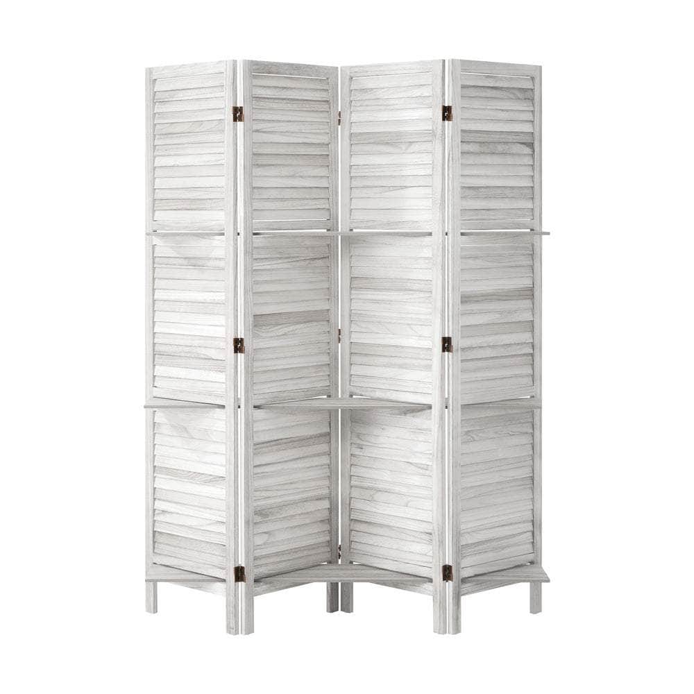 4 Panel Room Divider With Shelves Timber Wooden Natural