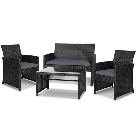 4 Pcs Outdoor Sofa Set Rattan Chair Table Setting Garden Furniture Black