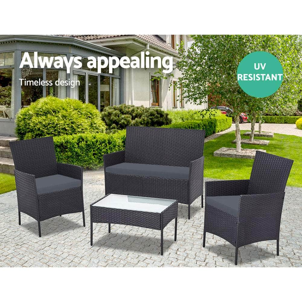 4 Pcs Outdoor Sofa Set Rattan Chair Table Setting Garden Furniture Black