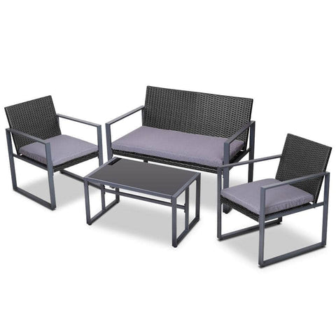 4 Pcs Outdoor Sofa Set Rattan Furniture Glass Top Table Chairs Black