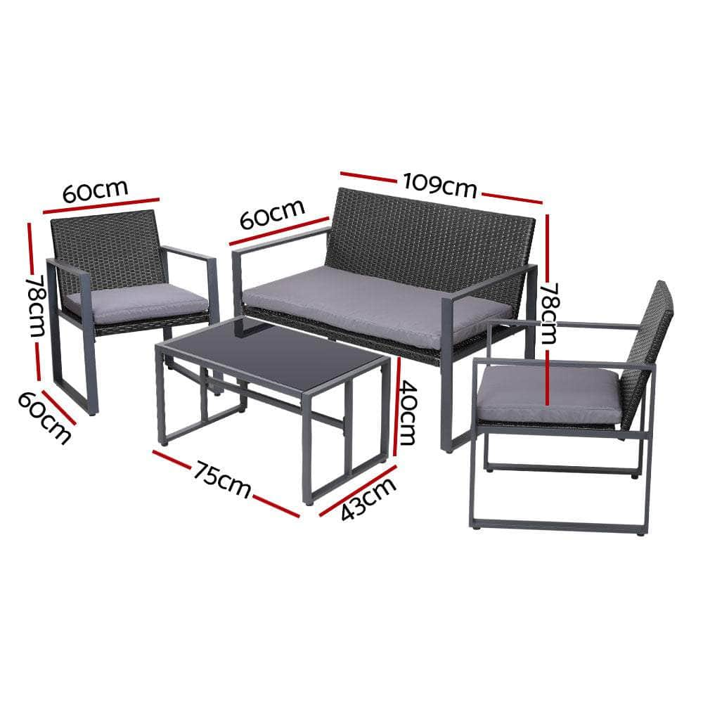 4 Pcs Outdoor Sofa Set Rattan Furniture With Storage Cover Chairs Black