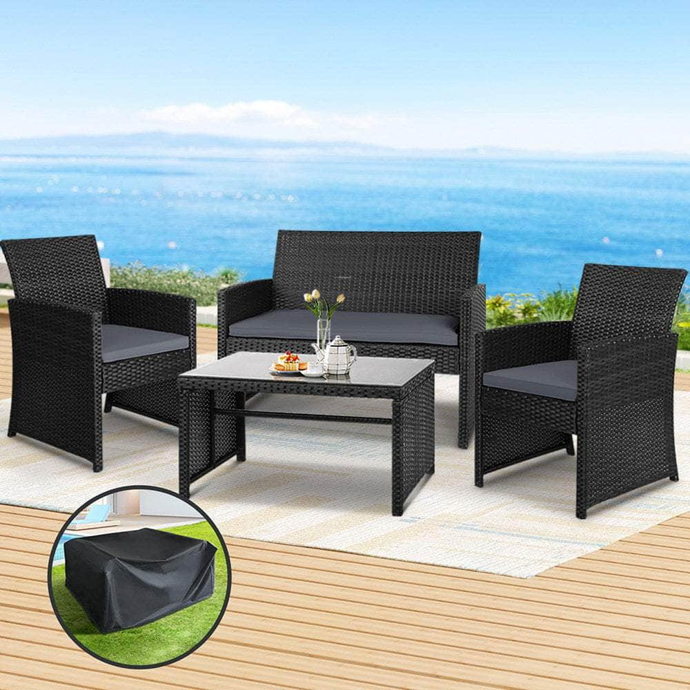 4 Pcs Outdoor Sofa Set With Storage Cover Rattan Chair Furniture Black