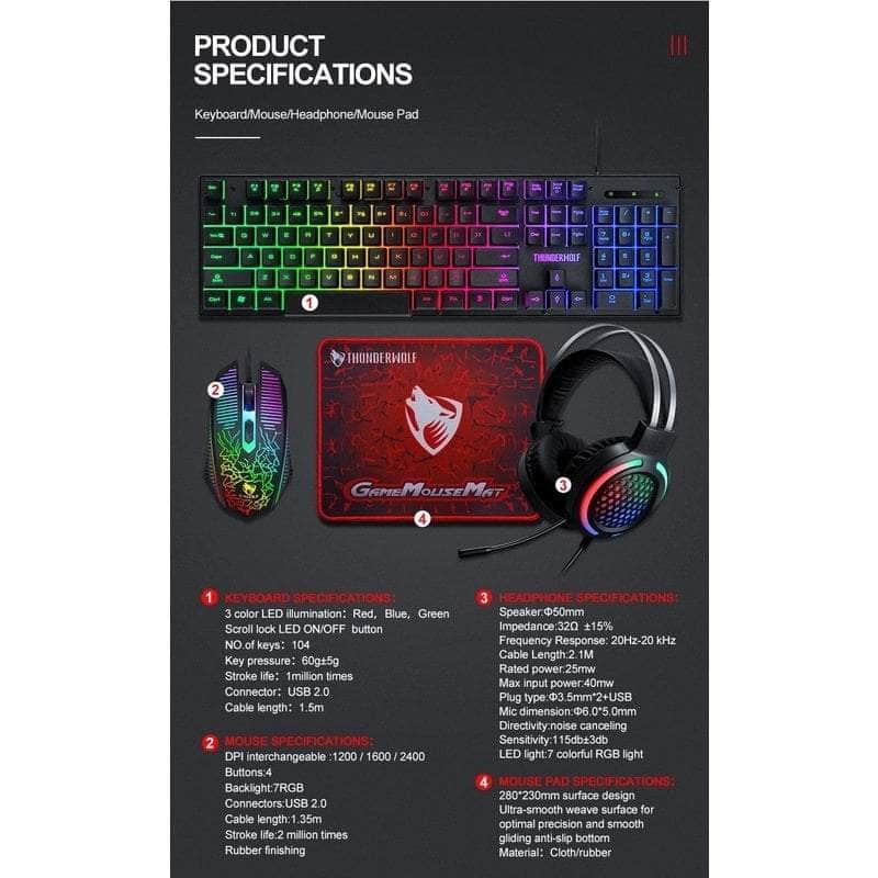 4-Pcs Rainbow Keyboard/Mouse/Headphone/Mouse Pad Kit Set