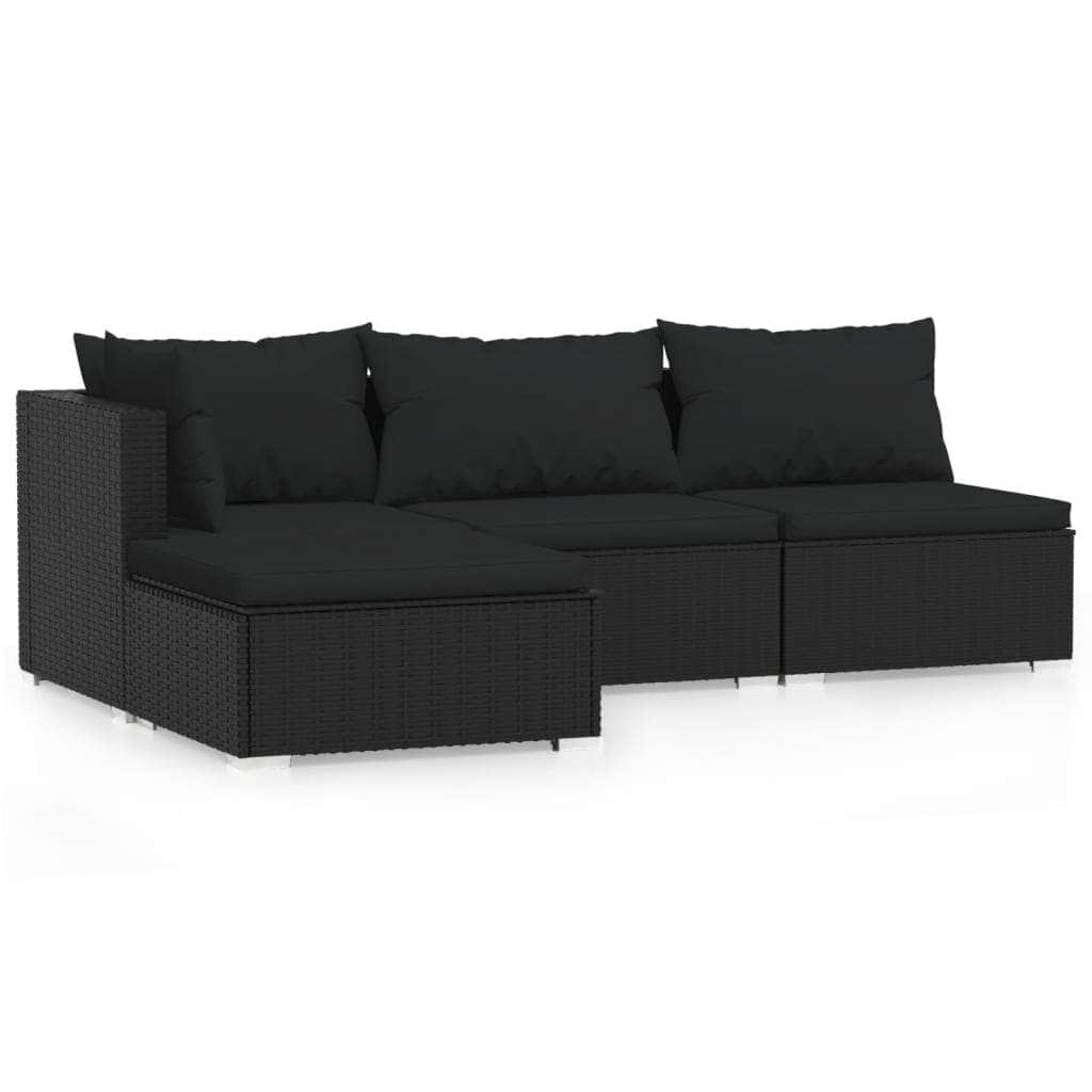 4 Piece Garden Lounge Set with Cushions Black Poly Rattan