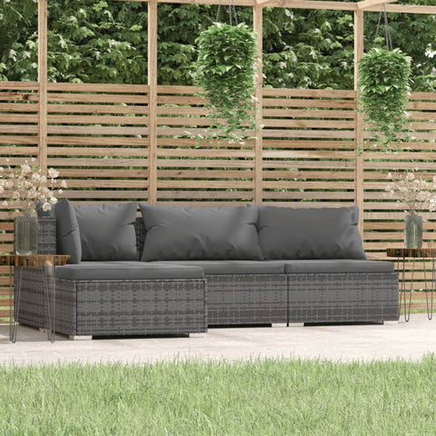 4 Piece Garden Lounge Set with Cushions Grey Poly Rattan