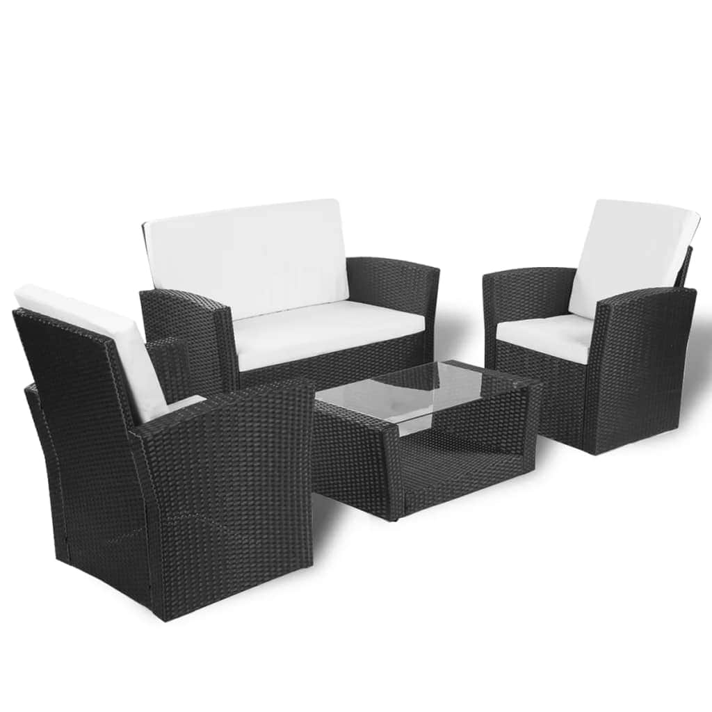 4 Piece Garden lounge set with Cushions Poly Rattan Black