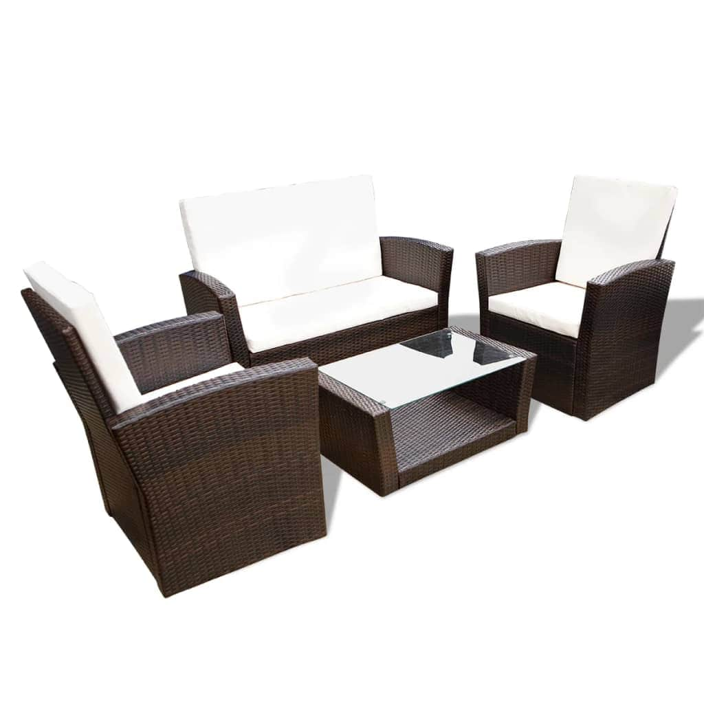 4 Piece Garden lounge set with Cushions Poly Rattan Brown