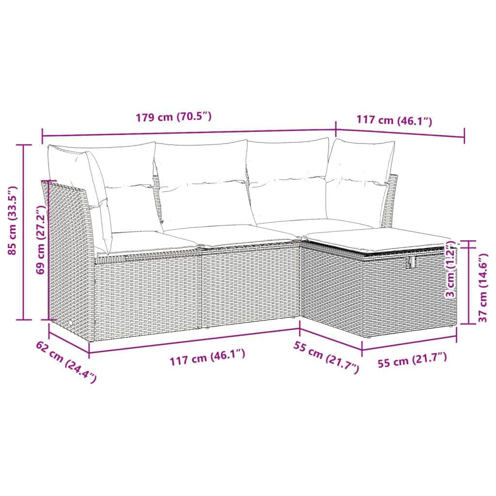 4 Piece Garden Sofa Set with Cushions Grey Poly Rattan Acacia - Durable & Chic