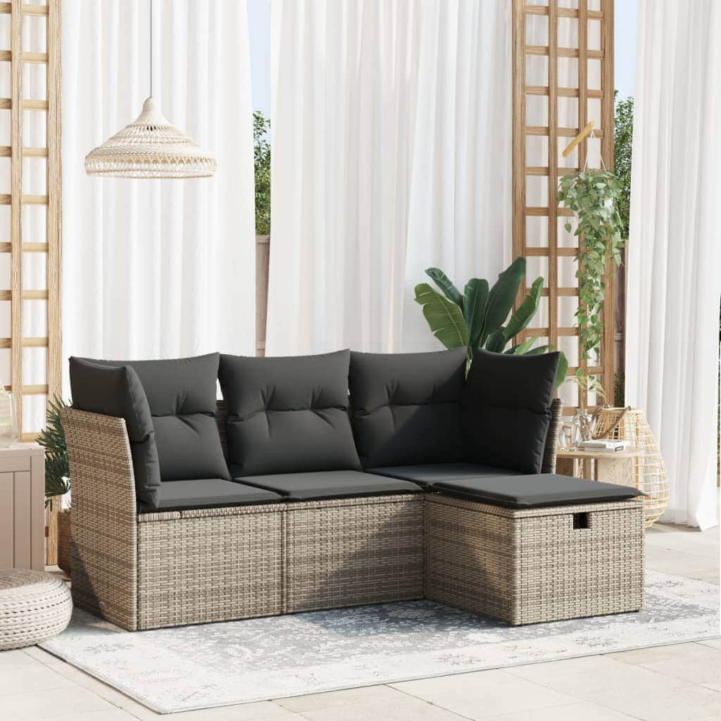 4 Piece Garden Sofa Set with Cushions Grey Poly Rattan Acacia - Durable & Chic