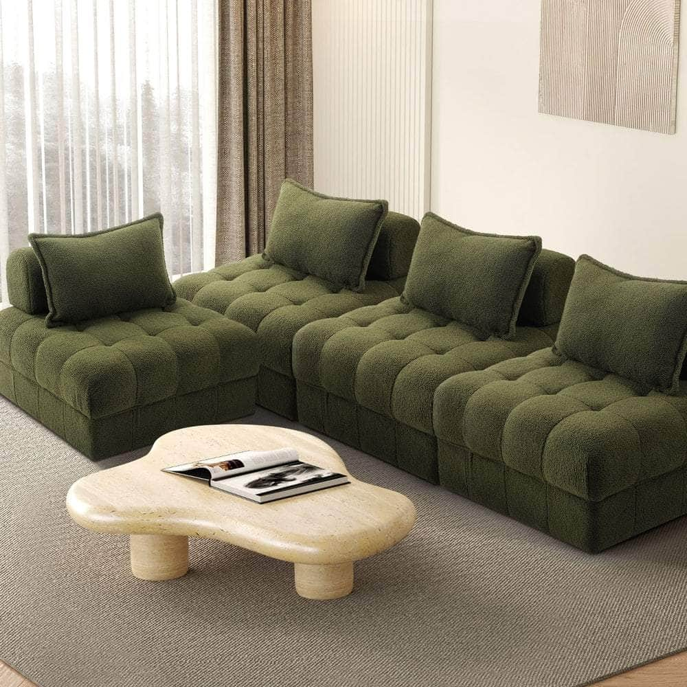 4 Seater Boucle Modular Sofa Armless TOFU Back Green